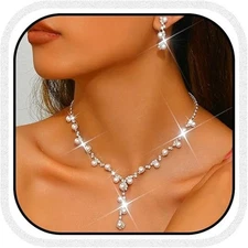 Silver Pearl Bridal Wedding Jewelry Set Rhinestone Necklace Earrings Set