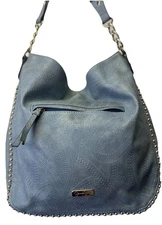 Jessica Simpson Tooled Studded Hobo Bag Blue Purse Handbag Metal Hardware