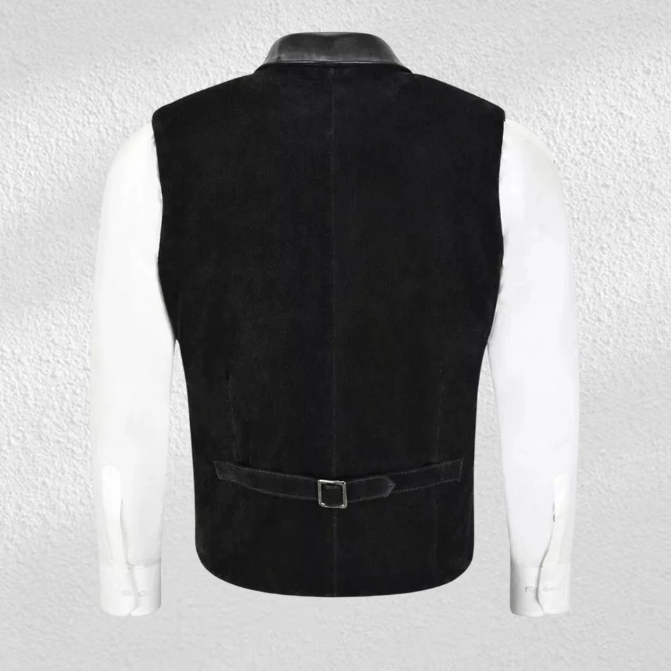 Slim fit genuine Suede leather Black Waist Coat for men - Image 3 of 4