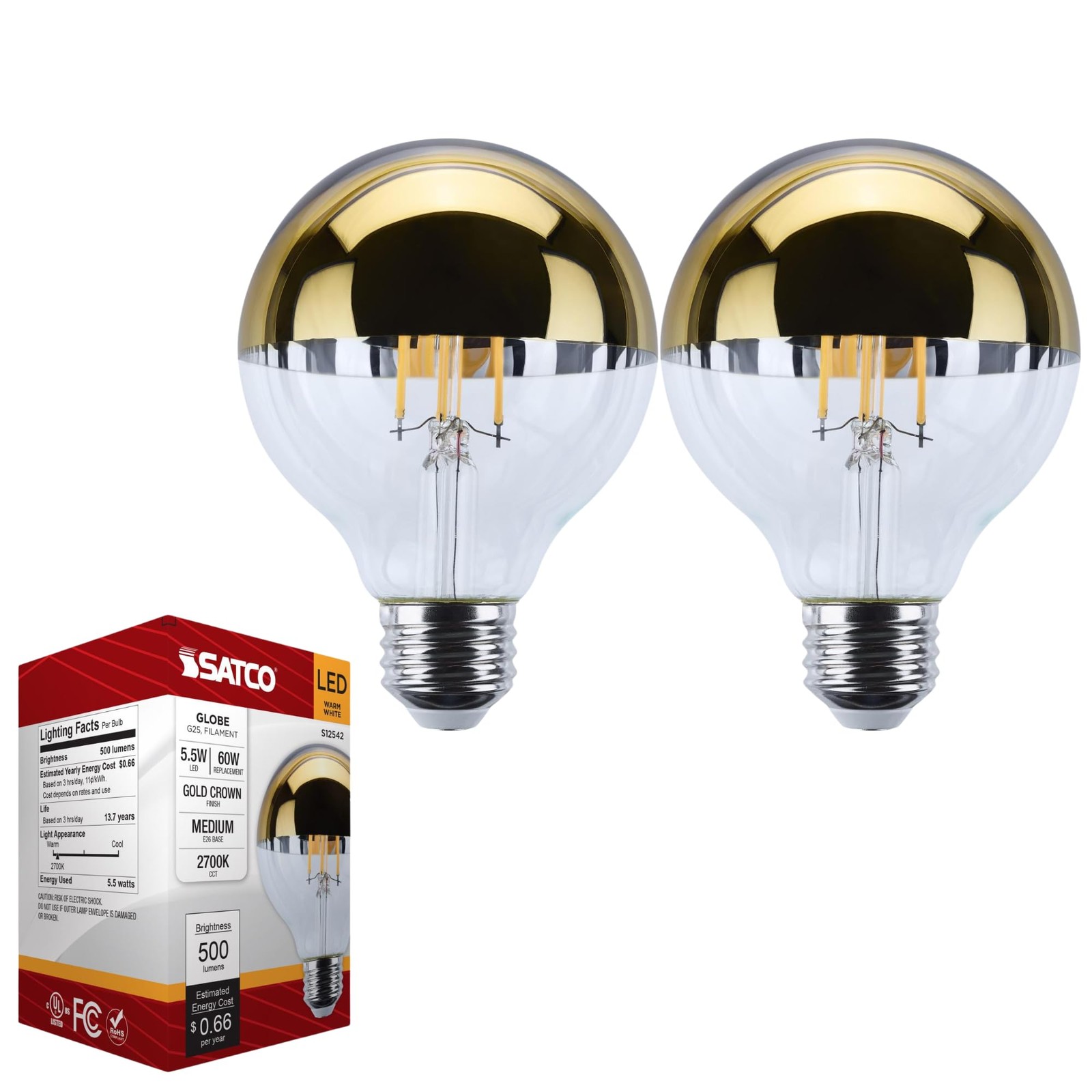 Satco LED G25 Globe Bulb 5.5W 60W Equivalent 2700K Warm White 90+ CRI Gold 