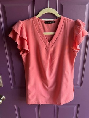 VDJ Women's Coral Flutter Sleeve small V-Neck Ruffle Blouse W133