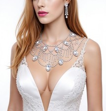Clear Rhinestone Necklace Crystal Statement CLIP Earring Set Bridal Prom Pageant