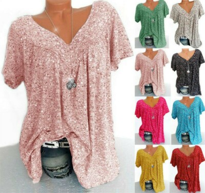 Womens Short Sleeve Long Tops Pullover Ladies V-neck Blouse Plus Size Basic Tee