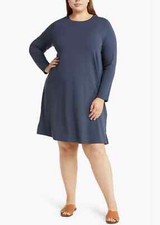 Eileen Fisher Long Sleeve Jersey Shift Dress Crew Neck Ocean Blue 1X 2X $188