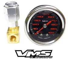 VMS CAMARO CORVETTE 1 1/2" 100 BLACK R FUEL PRESSURE GAUGE LIQUID FILLED ADAPTER