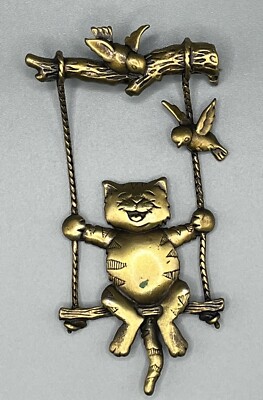 Vintage J.J. Jonette Cat Swinging with Birds Cat Lover Brushed Gold Tone Pin