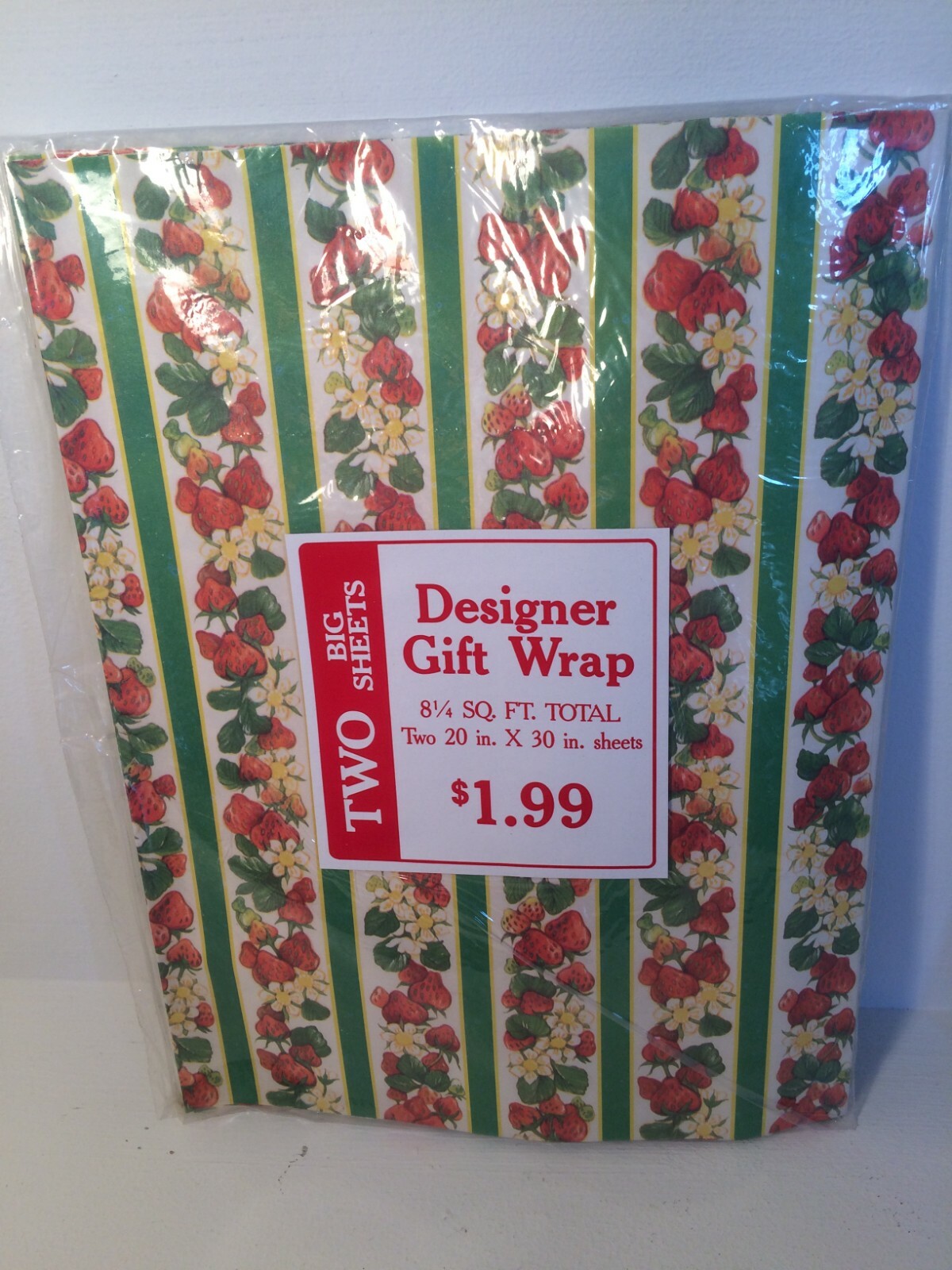 NOS 1980's Vintage Gift Wrap Paper Strawberries & white flowers Rows Floral