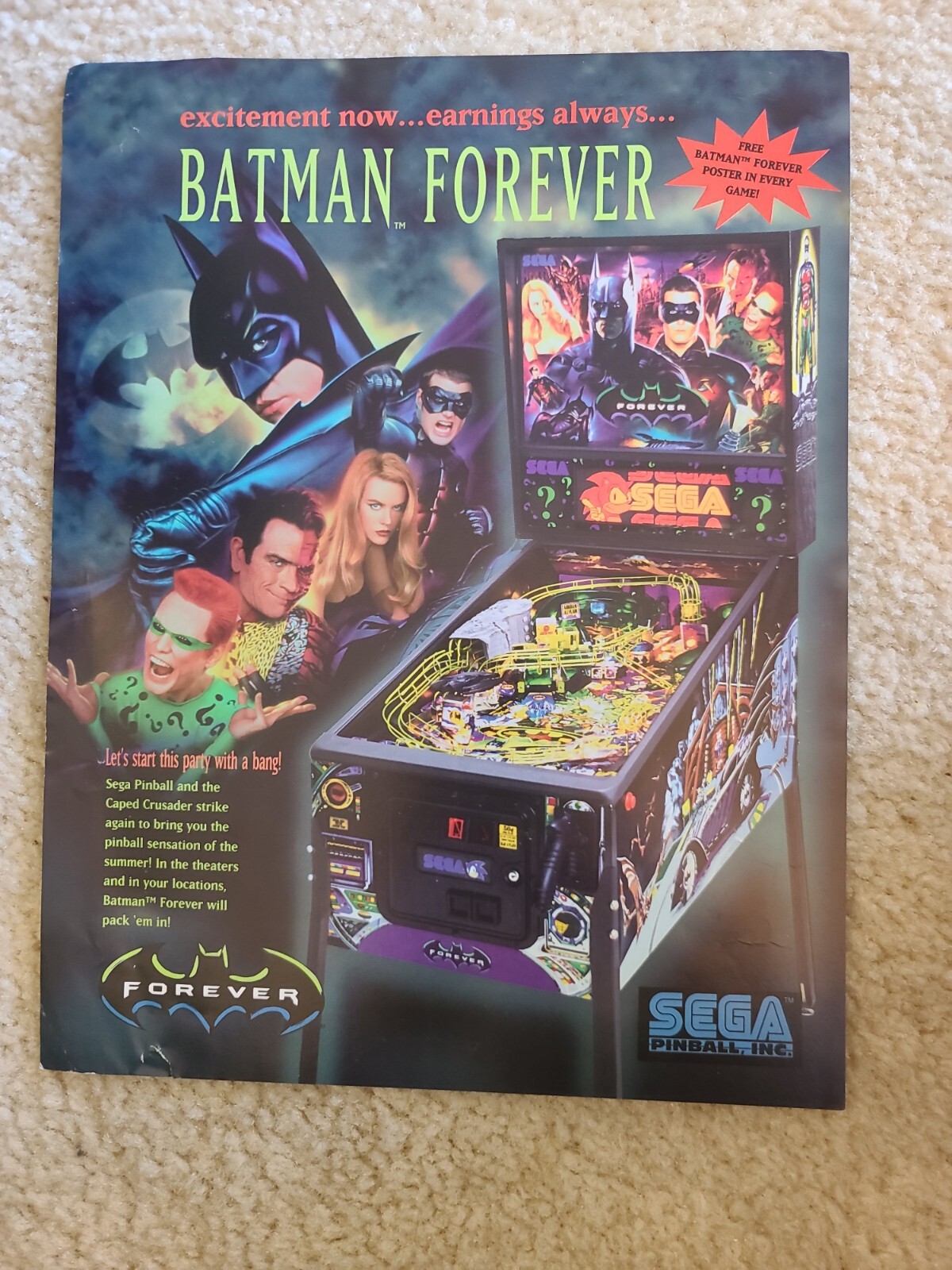 Original Batman Forever Flyer Sega Pinball Arcade Game 1995 New | eBay
