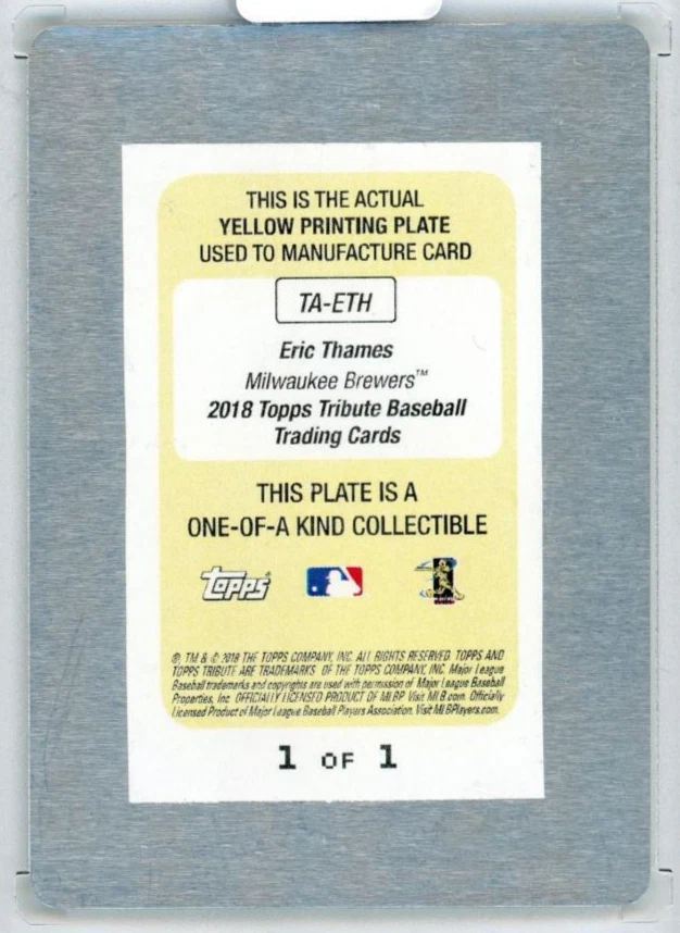 2018 Eric Thames 1/1 TOPPS Tribute Tribute Autograph Printing Plates Yellow  - Image 2 of 2