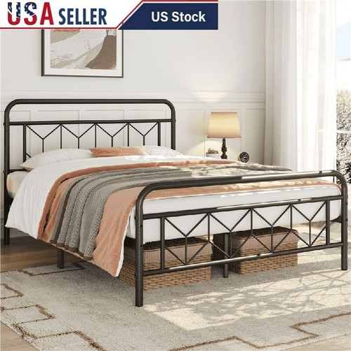 Vintage Metal Queen Bed Frame W/ Diamond Pattern Underbed Storage 800lb Capacity