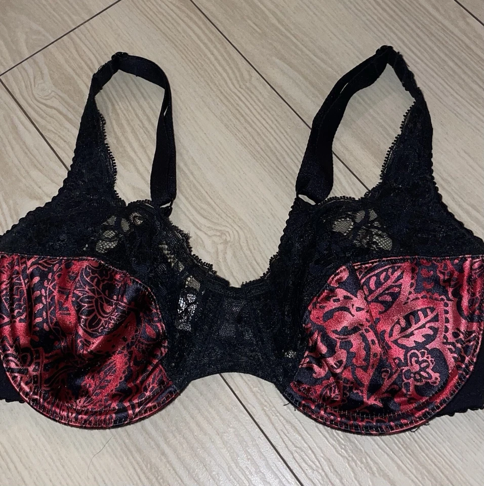 Sujetador Lunaire 10111 satinado encaje sin forro con aros floral para mujer 32C negro rojo Foto 3 de 4