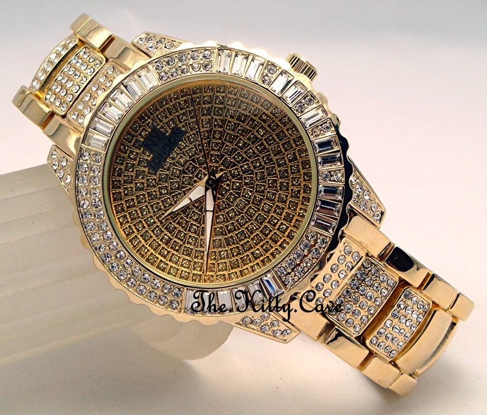 Reloj Caballeros Damas Unisex Plato de Oro Rapero Gema de Hielo Proxeneta Bling Baguette Cristales Foto 4 de 4