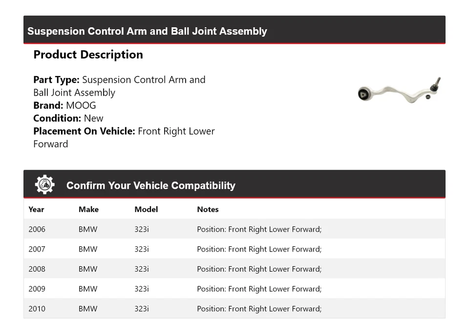 Brazo de control delantero derecho delantero inferior delantero MOOG 2006 2007 2008 BMW 323i 2006-2010 Foto 2 de 4