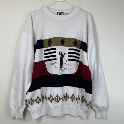 Vintage Izod Golf Sweater Men’s L White Knitted Embroidered Golfer Center 