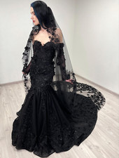 Black Gothic Glitter 3D Floral Beaded Corset Mermaid Wedding Dress with Veil
