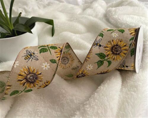 SUNFLOWER & BEES Spring Summer Autumn Flower - Eleganza Luxury Wire Edge Ribbon - Picture 4 of 10