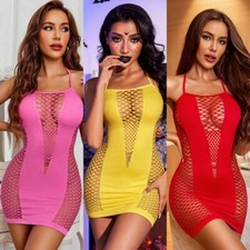 Women Lingerie Fishnet Dress Mesh Badydoll Bodysuit See Through Nighty Sleepwear