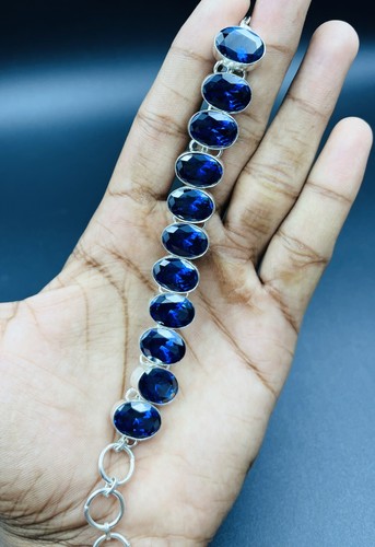 925 Sterling Silver Oval Blue Tanzanite Gemstone Handmade Jewelry Chain Bracelet - Picture 3 of 7