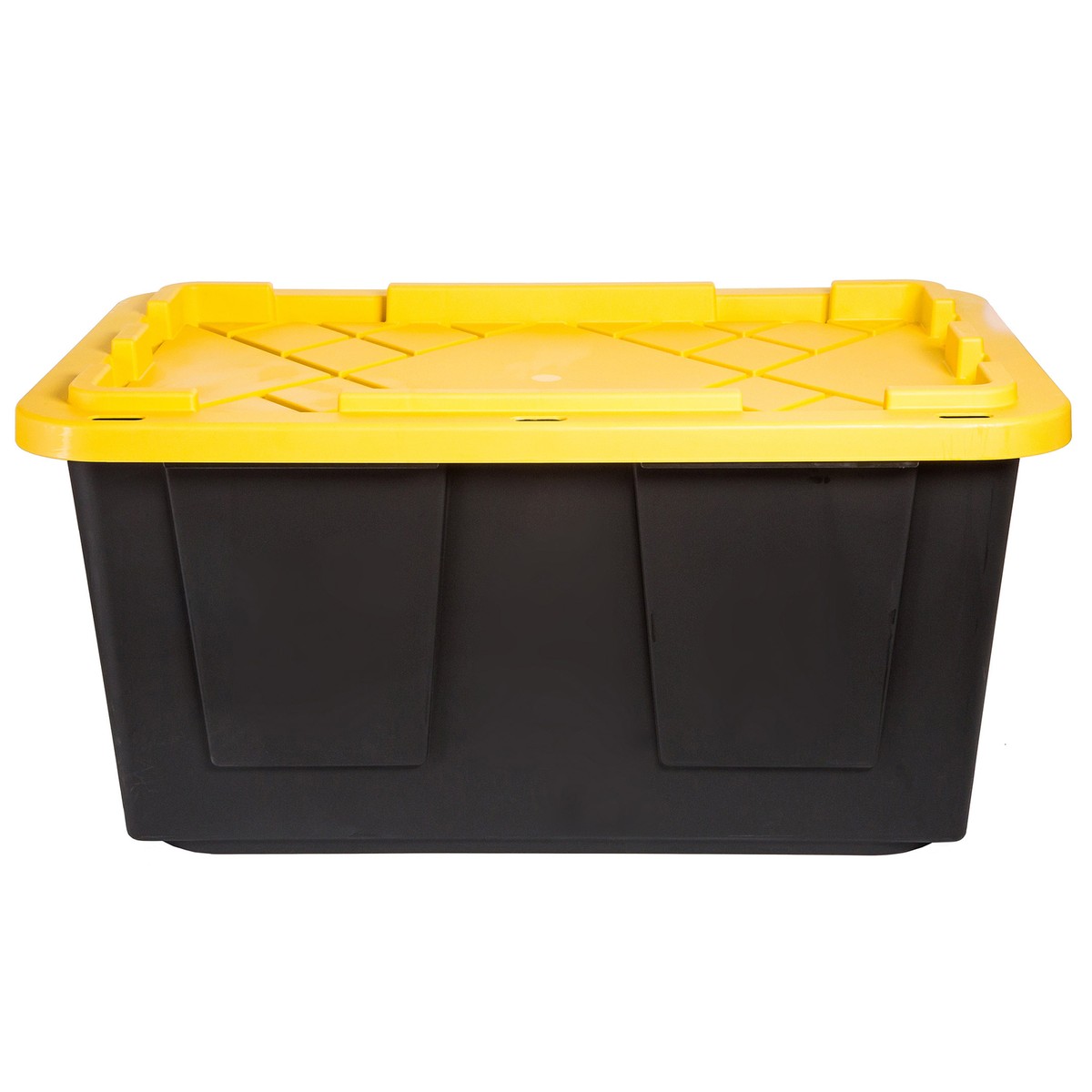 Sterilite 27 Gal Industrial Tote, Stackable Storage Bin with Latching Lid, Plastic Container with Heavy Duty Latches, Black Base and Lid, 4-Pack