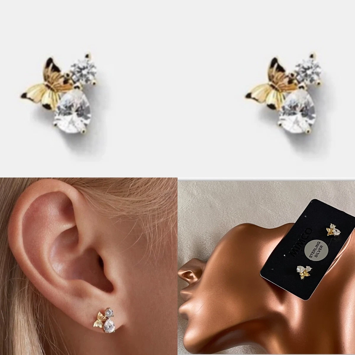 MIMCO Fray Butterfly Crystal STERLING SILVER EARRINGS Studs in Gold