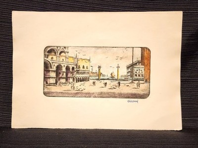 Vintage Hand Colored Etching Piazza San Marco Venice Italy Signed Art Gioia Co