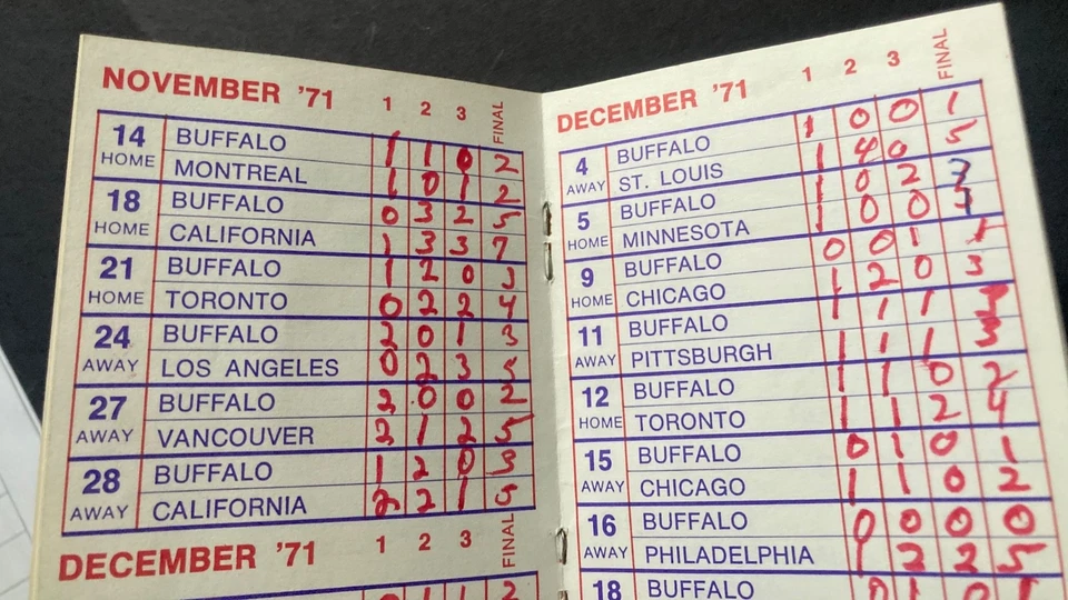 Calendario y tarjeta de puntuación de bolsillo Buffalo Sabres 1971-72 de colección Foto 4 de 4