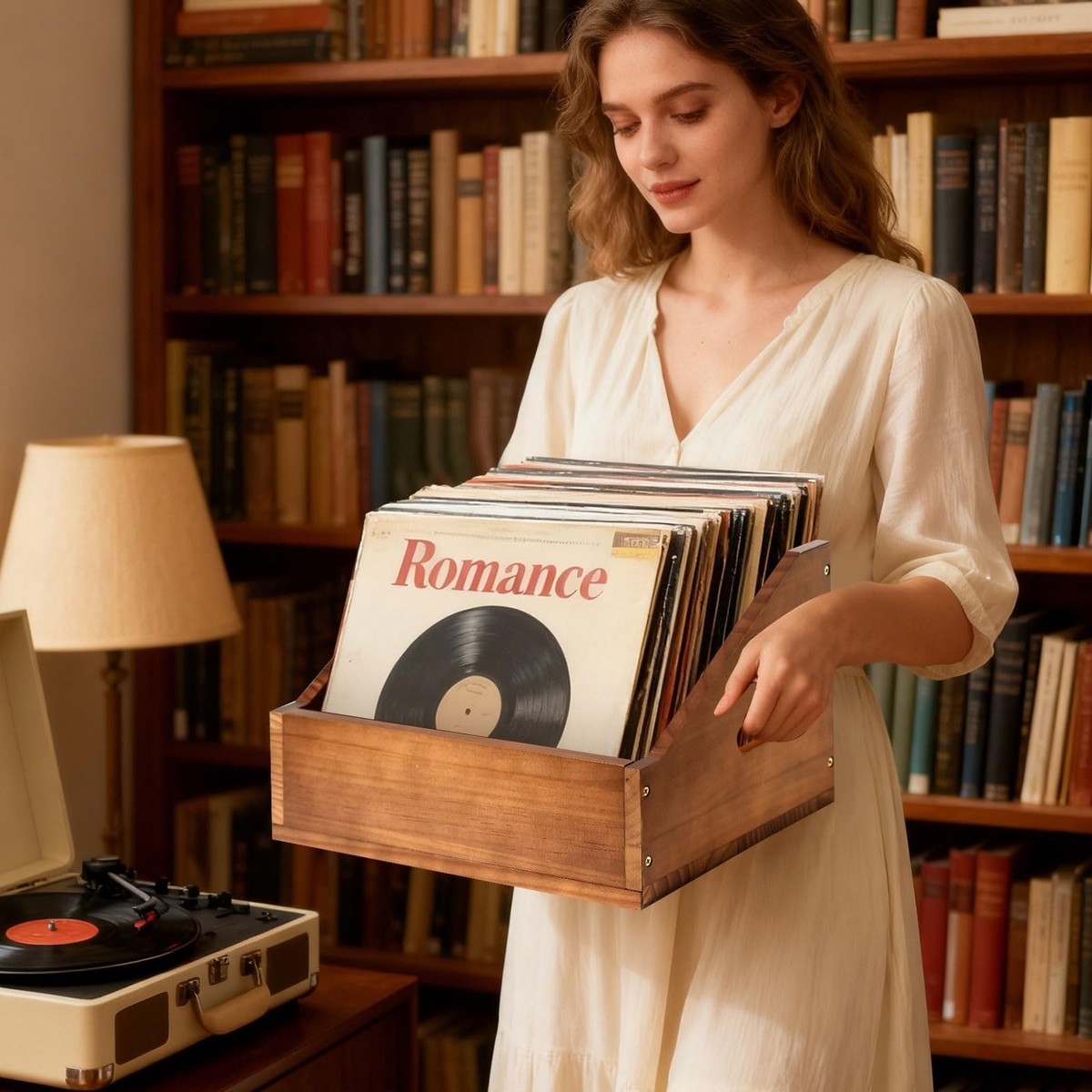 Wooden Vinyl Record Storage Crate, Large-Capacity Retro Record