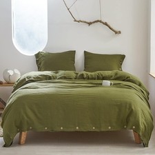 Linen Duvet Cover Set 3pcs Olive Green Breathable Button Closure Basic