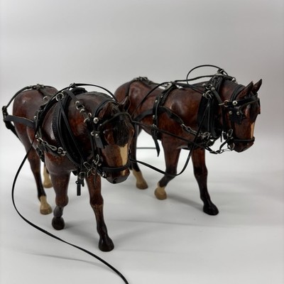 Rare Vintage Wooden Horses  With Tooled Leather Bridle Reins Draft Team
