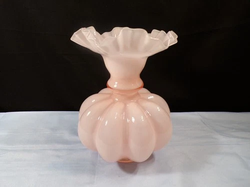 Fenton Pink Overlay Glass Large Melon Vase 7 1/2" Tall