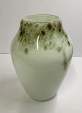 Vtg Hand Blown Art Glass White Vase Copper, Green W/Gold Sparkles 9.0” Abstract