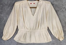 Halston III Blouse Womens 6P Cream 100% Silk Jacquard Peplum 80s Vintage Top