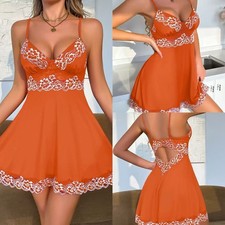 Women V Neck Lace Trim Soft Satin Babydoll Nightgown Backless Sleepwear Chemise