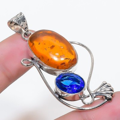Baltic Amber Tanzanite Quartz Gemstone Pendant Handmade Jewelry 1.9'' FP 3479