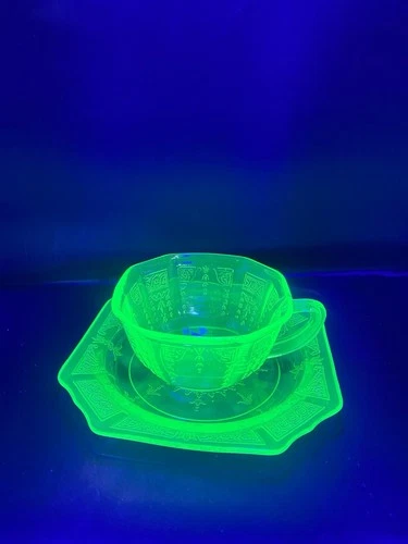 Vintage Hocking Princess Pattern Uranium Glass Teacup And Saucer 3.5 in.