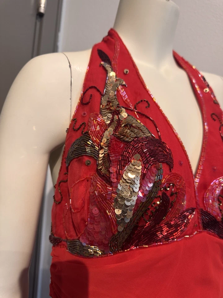 复古 Lillie Rubin 红色亮片串珠吊带晚礼服 8 码鸡尾酒礼服 — 第 3/4 张图片