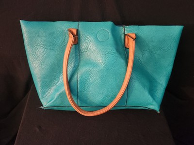 Sofia Vitali Teal Leather Bag, Tote Bag, Large Handbag, No Pockets, Teal / Brown