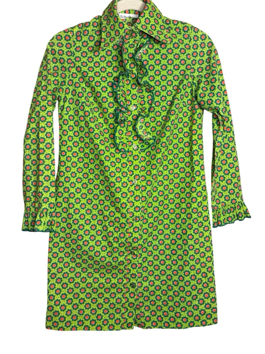 green floral shift dress Vtg Bobbie Brooks Lime Button Down Micro Mini Dress 2XS Mini dress