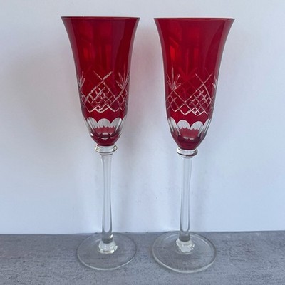 Vintage Ruby Cut to Clear Crystal Champagne Flutes Pair Bohemian Le Stelle Style