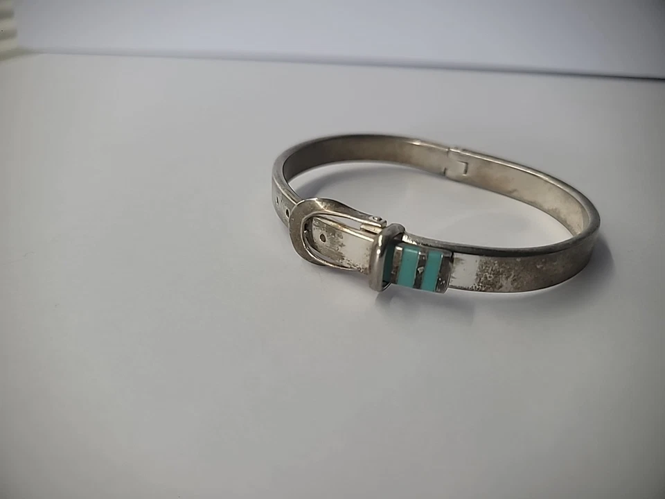 Vintage Bracelet Buckle Clasp Mexico Bangle Hinged Blue Inlay Jewelry Costume - Image 4 of 4