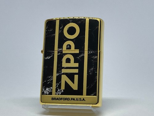 Zippo Logo Marble Black Gold Inside Unit Brass Double Sided Etching Oil Lighter - Picture 8 of 12