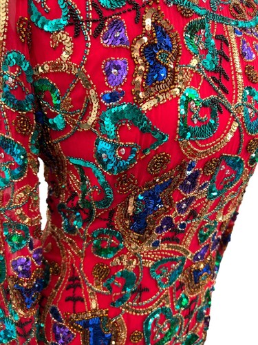 Black Tie Oleg Cassini Beaded Top Sequined Formal Red Blouse Size Small Vtg 80s - Picture 4 of 12