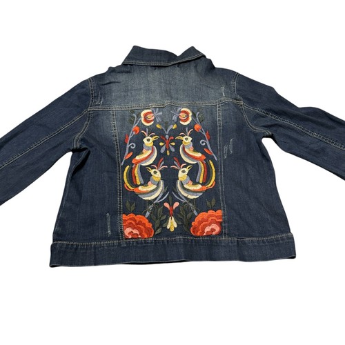 Artisan NY Woman’s Denim Jean Jacket Embroidered Floral Peacock Size M