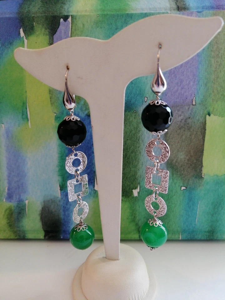 Orecchini Pendenti donna Argento 925 pietre naturali onice sfacc/giada verde - Immagine 2 di 3