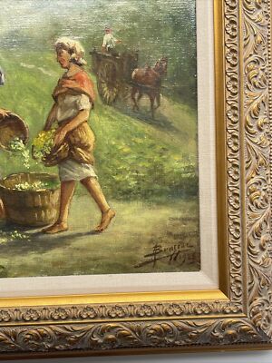 ANTIQUE PAINTING 1940'S FARMER LANDSCAPE FARM WORKERS POSSIBLY