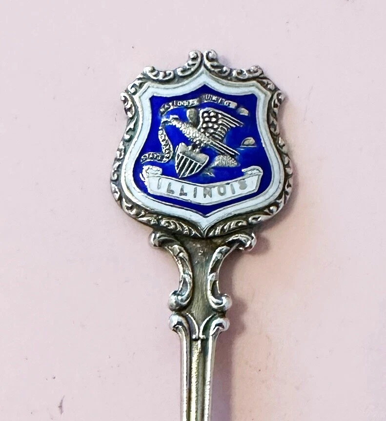 Cuchara de recuerdo de plata esterlina vintage esmalte lavado en oro del estado de Illinois Foto 2 de 4