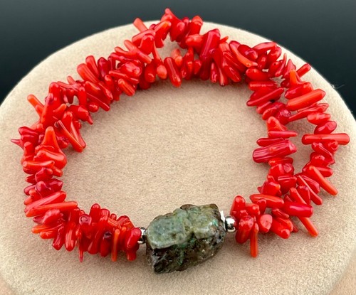 Turquoise Red Coral Branch Bracelet 2 Strand Silver Tone Stretch NK - Picture 2 of 3