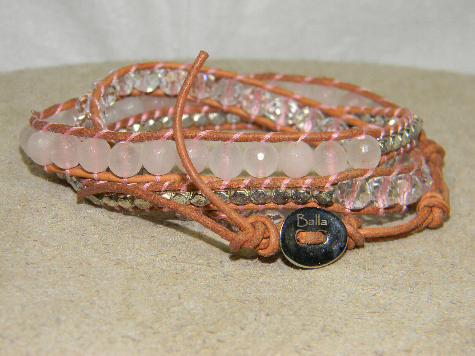 Bella Leather Wrap Bracelet Pink Quartz Clear Cry… - image 2