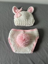 EUC Handmade Crocheted Hat  Diaper Cover Set White/Pink newborn pictures Easter