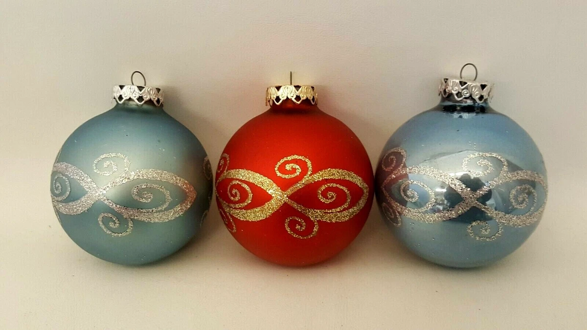 3 vtg large glass Christmas ornaments blue red balls West Germany